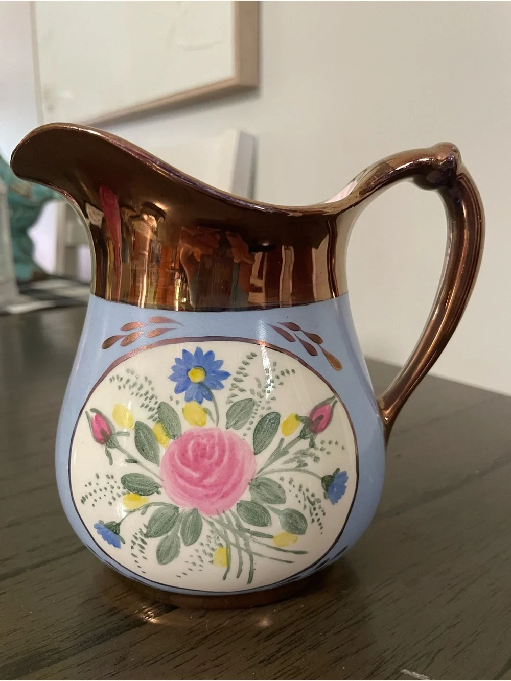 Vintage Blue Ceramic Pitcher with Copper Handle